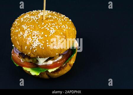 Fresh tasty burger on black background front views Stock Photo