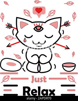 Cat funny poster, vector illustration. Cute animals, just relax. Wall decoration design for cat cafe. Beautiful print on clothes, card template with s Stock Vector