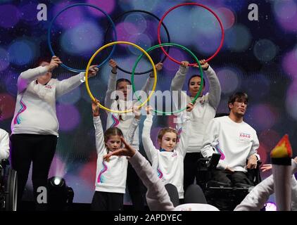 Lausanne, Switzerland. 22nd Jan, 2020. People perform during the closing ceremony of the Lausanne 2020 Winter Youth Olympic Games in Lausanne, Switzerland, Jan. 22, 2020. Credit: Zhang Chenlin/Xinhua/Alamy Live News Stock Photo