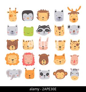 Big set of cute animal faces. Hand drawn characters. Vector ...