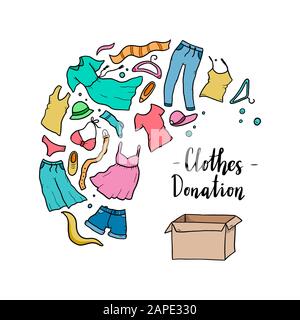 Hand drawn illustration of clothes donate, charity, care concept. Doodle sketch style elements of clothes, donation box for logotype, banner, icon design. Vector illustration. Stock Vector
