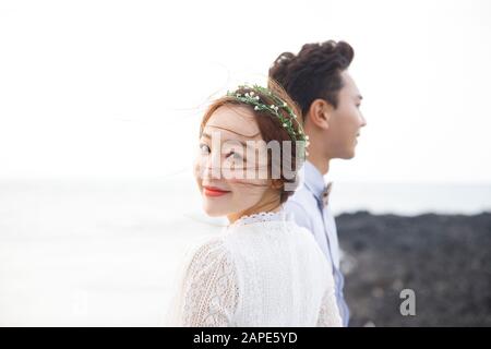 Happy young couple, camping or trip in Jeju, Korea 241 Stock Photo