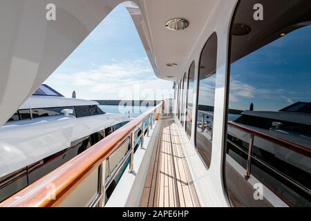 Beautiful interior view of nautical rope handrails on white wall  background. Interior details decoration concept Stock Photo - Alamy