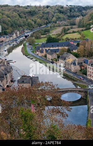 Aerial view of the historic town of Dinan with Rance river with dramatic cloudscape, Cotes-d'Armor department, Bretagne, northwestern France. Stock Photo