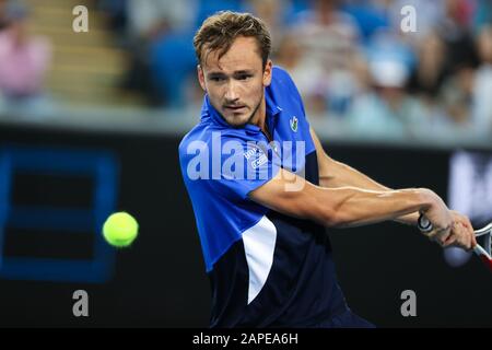 Daniil Medvedev Of Russia Plays A Backhand Return To Felix Auger 