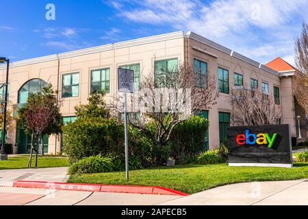 Jan 12, 2020 San Jose / CA / USA - Ebay corporate headquarters in Silicon Valley; eBay Inc. is an American multinational e-commerce corporation that f Stock Photo