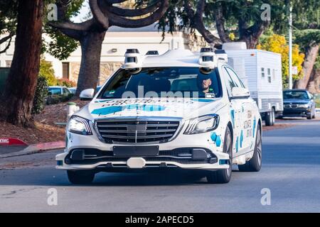 Jan 14 2020 Sunnyvale / CA / USA - Mercedes Benz self driving vehicle  performing tests on the streets of Silicon Valley; Daimler and Bosch partnered Stock Photo