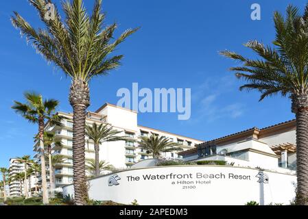 HUNTINGTON BEACH, CALIFORNIA - 22 JAN 2020: The Hilton  Waterfront Beach Resort, on Pacific Coast Highway. Stock Photo