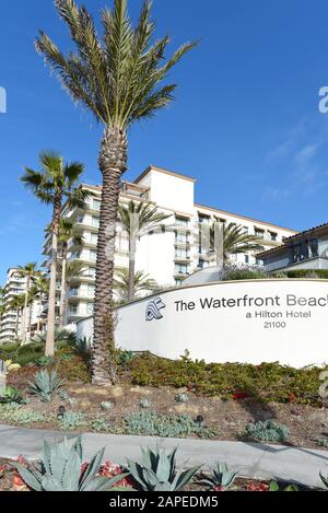 HUNTINGTON BEACH, CALIFORNIA - 22 JAN 2020: The Hilton  Waterfront Beach Resort, on Pacific Coast Highway. Stock Photo