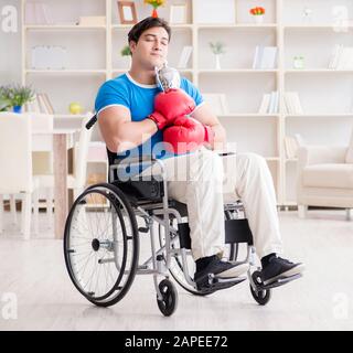 The disabled boxer at wheelchair recovering from injury Stock Photo