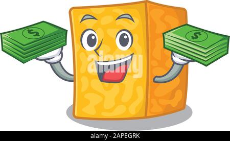 happy rich colby jack cheese character with money on hands Stock Vector