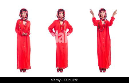 The woman in red scaf on white Stock Photo