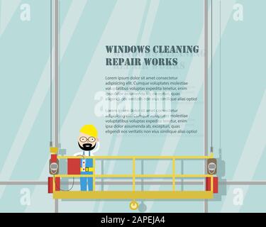 Cleaning the windows of a skyscraper. Carrying out repair work at height. Vector illustration Stock Vector