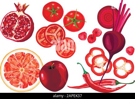 Collection of fresh red vegetables and fruits raw on white background Stock Vector