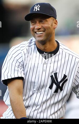 BRONX, NY - MAY 10: New York Yankees shortstop Derek Jeter (2) smiles before the game against the Tampa Bay Rays on May 10, 2012 at Yankee Stadium. Stock Photo