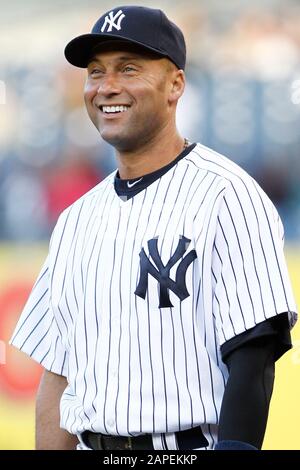 BRONX, NY - MAY 10: New York Yankees shortstop Derek Jeter (2) smiles before the game against the Tampa Bay Rays on May 10, 2012 at Yankee Stadium. Stock Photo