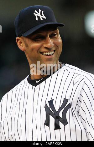 BRONX, NY - MAY 10: New York Yankees shortstop Derek Jeter (2) smiles during the game against the Tampa Bay Rays on May 10, 2012 at Yankee Stadium. Stock Photo