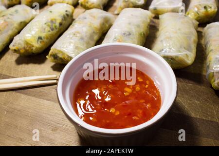 Closeup of vietnamese spring rolls in rice paper, Traditional vietnamese fried spring Rolls, Chinese food spring roll Stock Photo