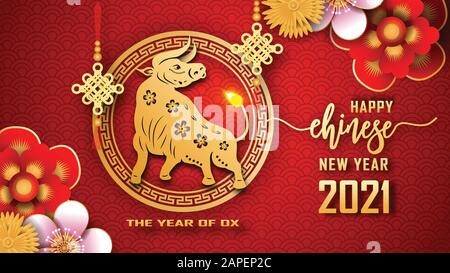 Happy Chinese new year 2021. The year of the Ox. Chinese new year fortune greeting card graphic design background and wallpaper. Red and gold paper cu Stock Vector