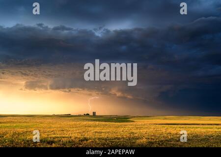 Scenic landscape with warm sunlight on a farm field beneath dark storm clouds and thunderstorm lightning in Texline, Texas Stock Photo