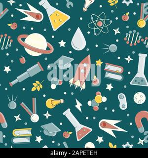 Back to school pattern. Science flat seamless pattern with scientific elements - molecule, atom structure, rocket, books, water and other on one Stock Vector