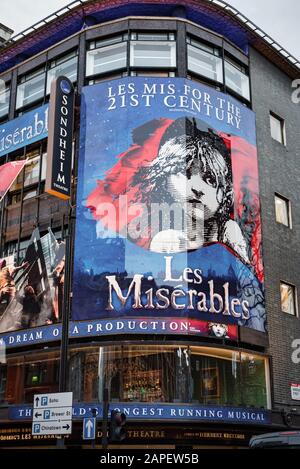 London, UK - Jan 16, 2020:  The front of the Sondheim Theatre hosting the musical Les Miserables Stock Photo