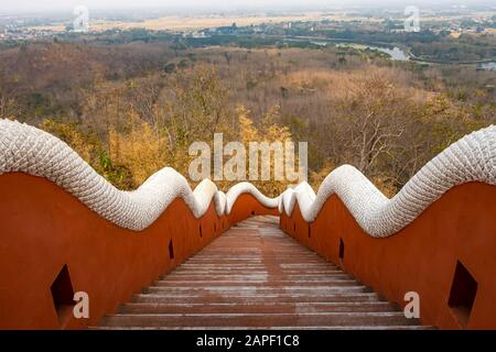 Aerial view at the gate of Wat Phra That Doi Phra Chan on the top of a mountain in Mae Tha District, Lampang, Thailand Stock Photo