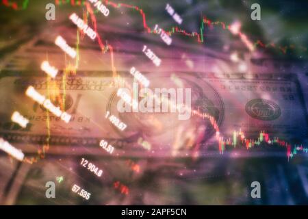 Abstract financial trading graphs on monitor. Background with currency bars and candles Stock Photo