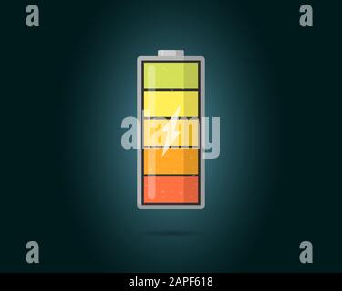 High electric power battery charged energy indicator with lightning icon. Full battery indicating cylinder symbol. Vector accumulator energy level load illustration Stock Vector