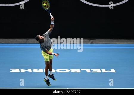 Melbourne, Australia. 23rd Jan, 2020. Alex Bolt of Australia serves to Dominic Thiem of Austria during their men's singles second round match at the Australian Open tennis championship in Melbourne, Australia on Jan. 23, 2020. Credit: Zhu Wei/Xinhua/Alamy Live News Stock Photo