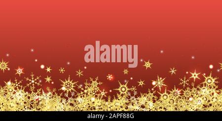 vector file with beautiful falling snow flakes colored golden and lightning effects on seamless red colored background Stock Vector