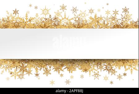 golden snowflakes behind empty white banner frame for christmas winter greetings on white background Stock Vector