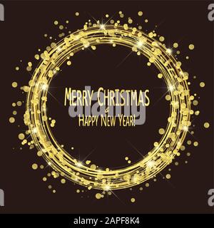 round lightning with dots and sparkle effects colored golden on dark background with Merry Christmas and Happy New Year greetings Stock Vector