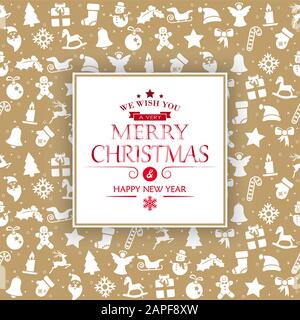 merry christmas and happy new year greetings on background consists of typical christmas icons Stock Vector