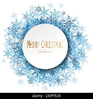 merry christmas and happy new year greetings with blue snow flakes behind round frame Stock Vector