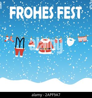 clothes from Santa Claus hanging on a clothes line, blue colored snow fall background and text Merry Xmas (in german) Stock Vector
