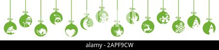 collection of hanging baubles colored green with different abstract icons for christmas and winter time concepts Stock Vector