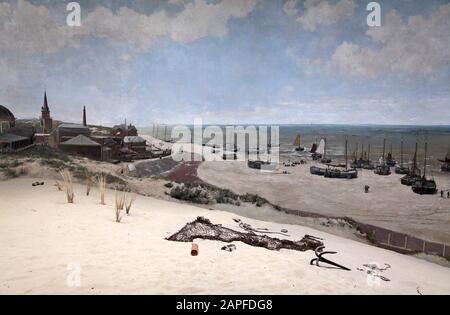 Panorama Mesdag a 360 degree vista of the sea the dunes and the fishing village of Scheveningen as it was in 1881.Painted by Hendrik Willem Mesdag, Stock Photo