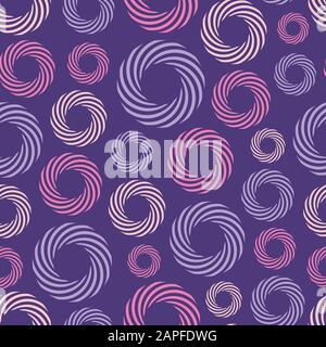 Abstract seamless pattern of repeating round ornaments isolated on purple background. Background with circles, swirling shapes. Stylish texture. Stock Vector