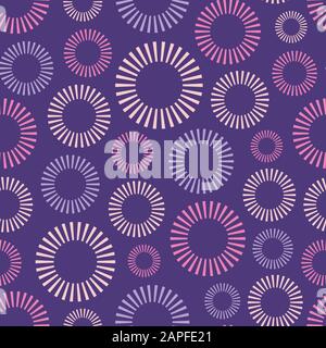 Abstract seamless pattern of repeating round striped ornaments isolated on purple background. Stylish texture. Vector color illustration. Stock Vector