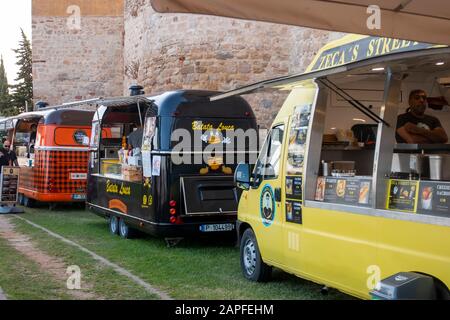 FARO, PORTUGAL: 5th SEPTEMBER, 2019 - Food area with diversity of vendors in Festival F, a big music festival on the city of Faro, Portugal. Stock Photo