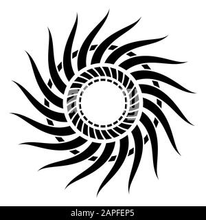 Abstract sun symbol, isolated on white background. Circular, radial abstract geometric rays, flame, burst. Geometric elements. Logo, sign. Vector. Stock Vector