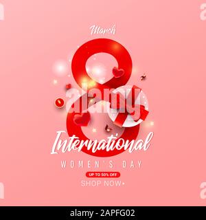 International Womens Day Postcard with number 8 with surprise gift box, heart shaped decor, candle and serpentine on a red background with greeting text Stock Vector