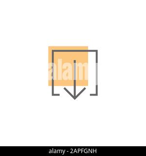 Black thin arrow down in outline square with orange spot. line icon. download sign. isolated on white. Vector flat button. Stock Vector