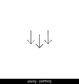 three black line arrows down icon. download sign. Fall, decrease symbol isolated on white. Vector flat button. Stock Vector