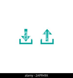 blue arrow up and blue arrow down. flat icon isolated on white. point down button. south sign. Upload icon. Upgrade. download, share Stock Vector