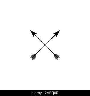 Two crossed black arrows isolated on white. Flat adventure icon. Good for web and software interfaces. Campin, hunting. Wild vacation. Stock Vector