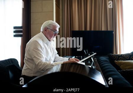 Jerusalem, Israel. 23rd Jan, 2020. Federal President Frank-Walter Steinmeier is preparing in his suite at the King David Hotel for his speech at the 5th World Holocaust Forum 'Remembering the Holocaust: Fighting Anti-Semitism' in Yad Vashem. Federal President Steinmeier and his wife will be in Israel for two days on the occasion of the commemoration of the liberation of the Auschwitz concentration camp 75 years ago. Credit: Bernd von Jutrczenka/dpa/Alamy Live News