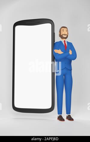 Cartoon character, businessman stand with a telephone. Businessman in a suit with a smile on his face. 3D rendering Stock Photo