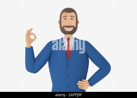 Cartoon character, businessman in suit shows okay or OK gesture. Concept with okay or OK gesture. 3d rendering Stock Photo